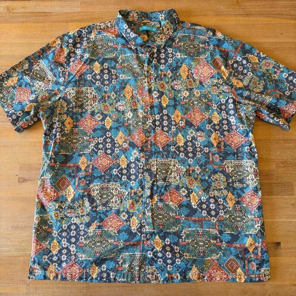 Tori Richard Ankara Cotton Lawn Hawaiian Shirt Mens 2XL Blue Geo Made in USA